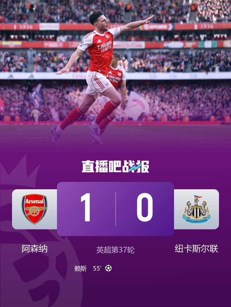 英超-阿森纳1-0纽卡斯尔联锁定欧冠资格 赖斯世界波&拉亚多次扑救